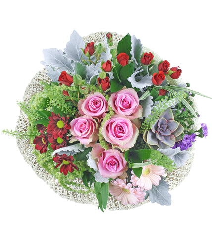Be Mine Bouquet - roses, spray roses, succulents, gerberas, daisies, green hanging amaranthus, and dusty miller