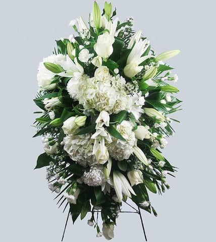Exquisite Tribute™ Standing Spray - funeral standing spray of hydrangeas lilies roses mini carnations 