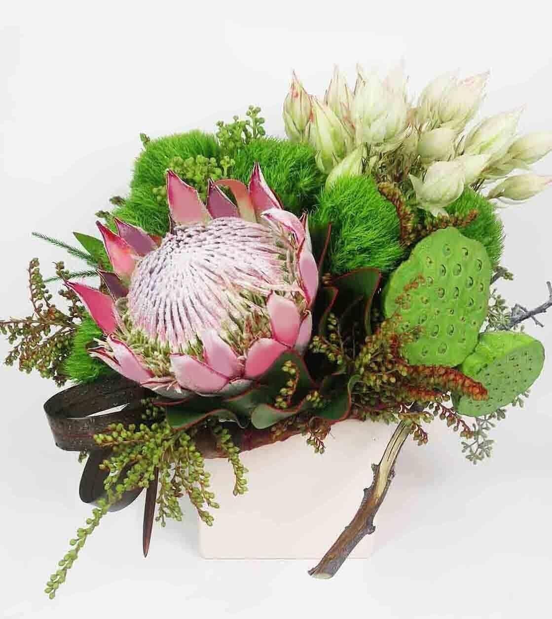 Forever Blooming™ - king proteas, lotus pods, blushing bride flowers, green dianthus , greens