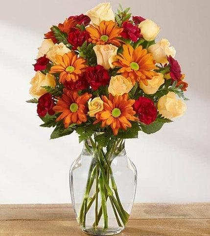 Golden Autumn™ Bouquet - burgundy mini carnations , butterscotch daisies , peach spray roses , vase arrangement