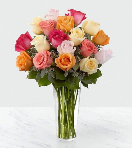 Graceful Grandeur™ Rose Bouquet - cream roses , orange roses , hot pink roses , coral roses , light pink roses , vase arrangement
