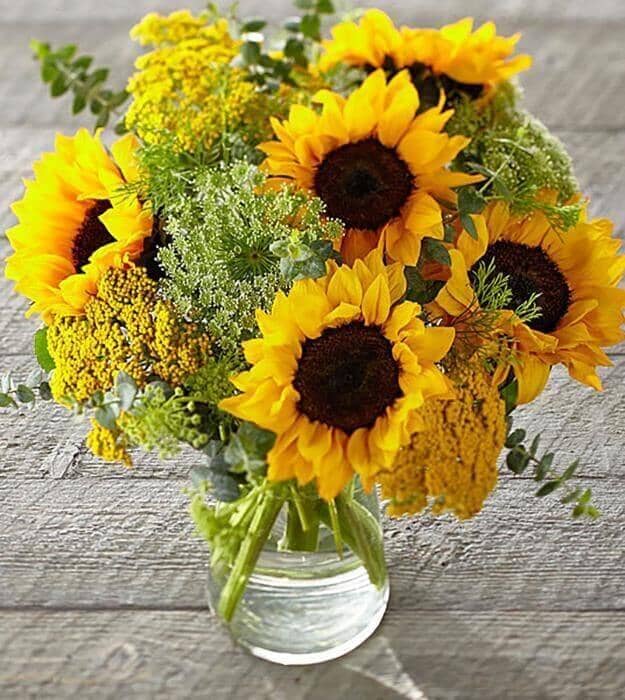 Summer Breeze - sunflowers , yellow yarrow , queen anne's lace , baby blue eucalyptus , vase arrangement