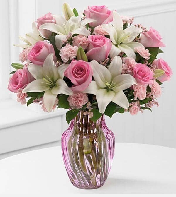 Sweet Emotions - Vase with white Asiatic Lilies, pink carnations, white limonium, assortment of greens