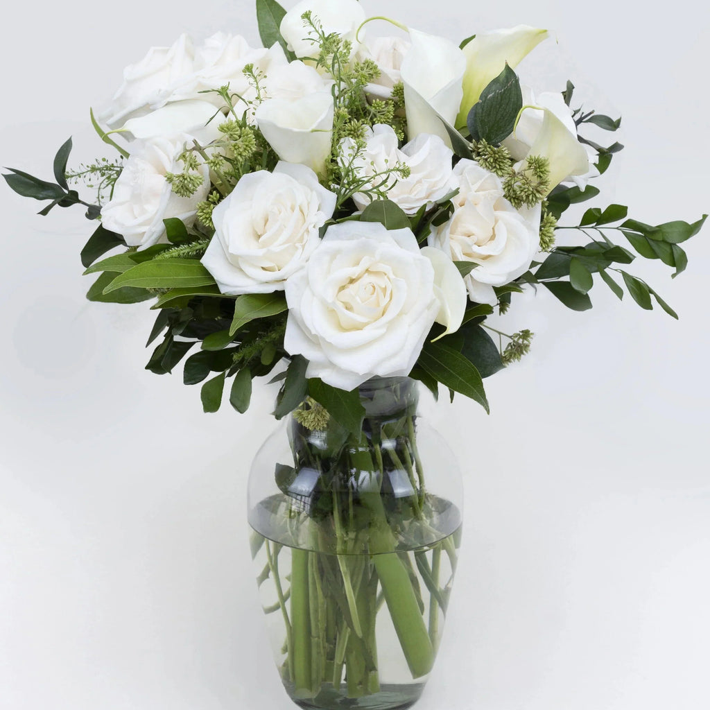 Sweet Solace Bouquet Premium- white roses , white callas , vase arrangement