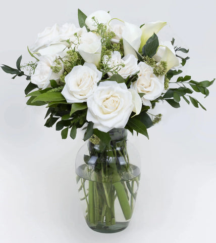 Sweet Solace Bouquet Premium- white roses , white callas , vase arrangement