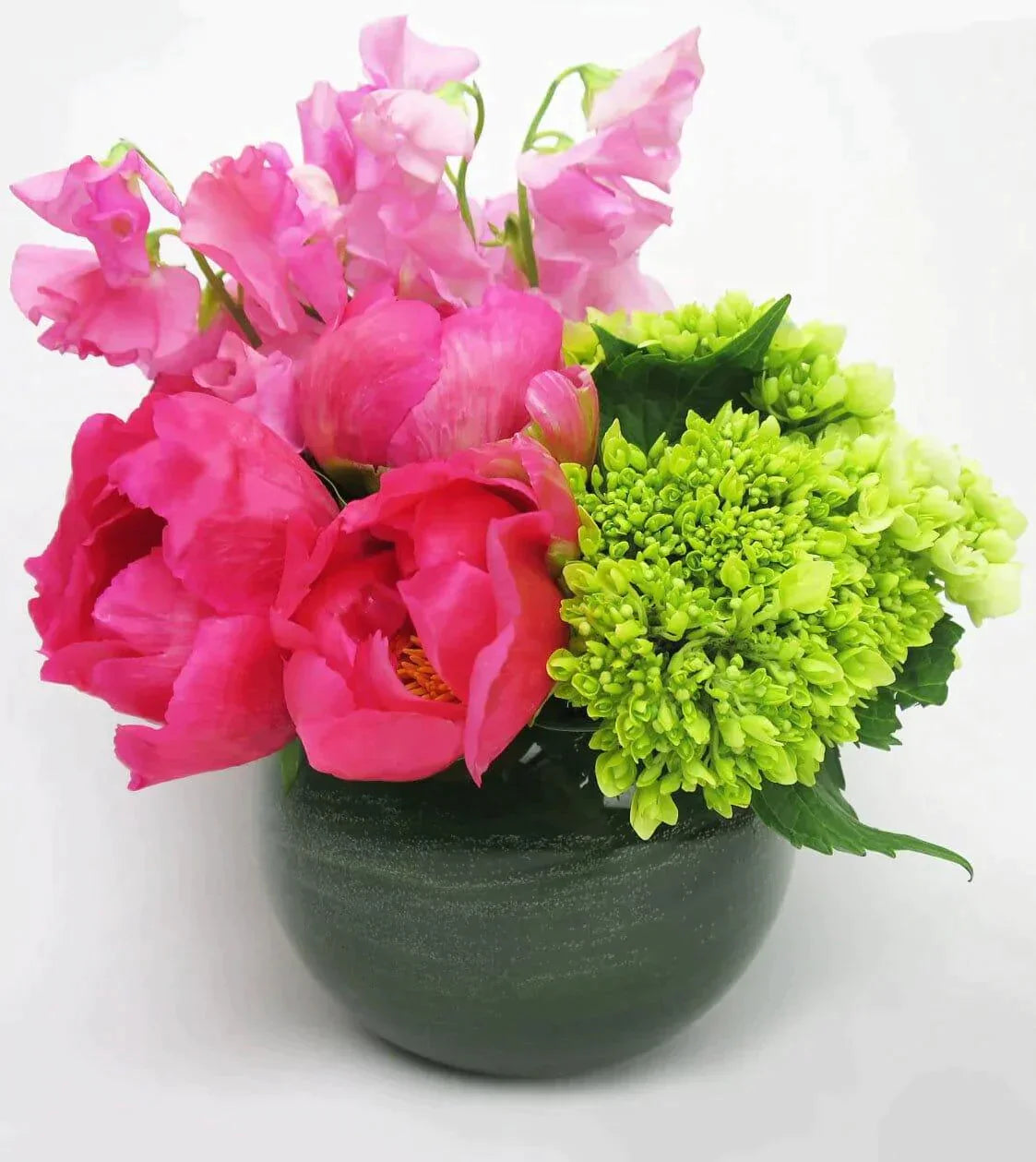 Sweetest Peonies and Hydrangea™ - soft pink sweet peas , coral peonies , green hydrangeas , vase arrangement