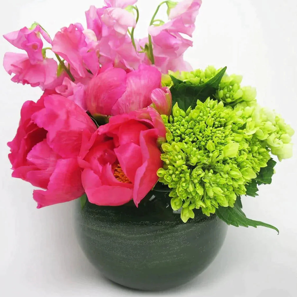Sweetest Peonies and Hydrangea™ - soft pink sweet peas , coral peonies , green hydrangeas , vase arrangement
