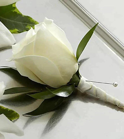White Rose Boutonniere - white rose , greens , white satin ribbon , boutonniere , wedding , prom , graduation